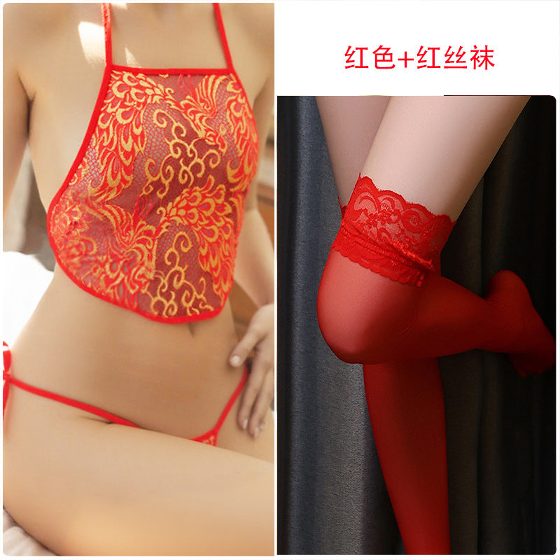 Image of Erotic lingerie lace hollow embroidery adult belly pocket sexy women's suit seduces couples fun pure desire wind teasing